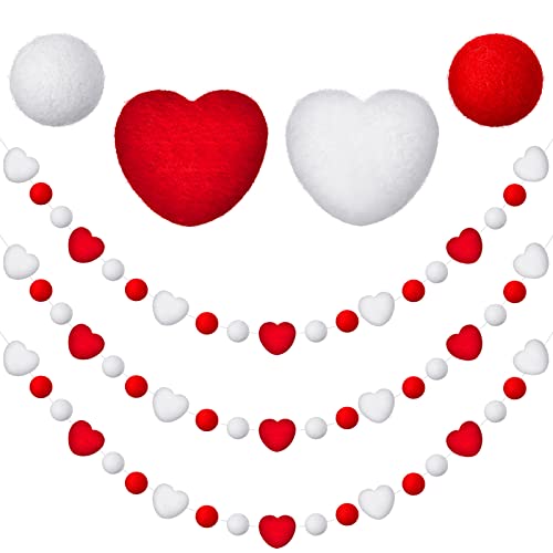 3 Stück Valentinstag Filzball Girlanden Valentinstag Rot Weiß Ball und Herz Pom Pom Girlande für Home Tree Hanging Girlande Filz Pom Pom Ball Herz Banner für Valentinstag Party Home Dekoration Cover