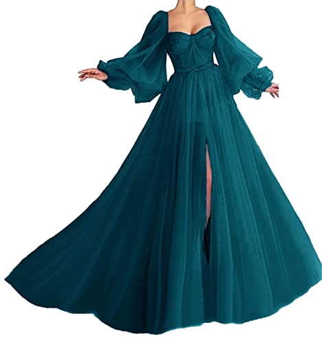 DELEND Puffy Sleeve Ballkleid Long Sweetheart Tüll Ball Kleid Junior Princess Long Hochzeit Formale Abendkleider mit Split, M Cover