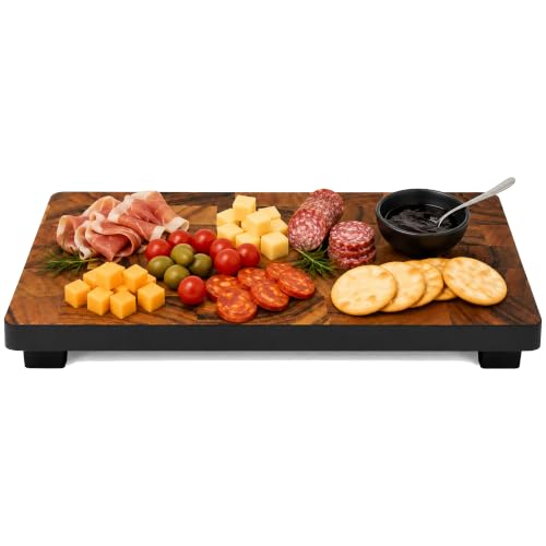 Image of Woodard & Charles Raised Acacia Wood Serving Tray, 16 inch x 8 inch x 1.75 inch, 4 Pack | Platform Serving Tray with Feet; Serve Cheese, Charcuterie, Sushi, Appetizers, Small Bites at Home, Parties, Catering Events