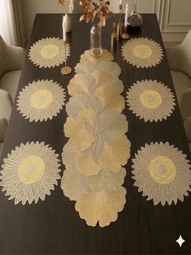 Image of Dakshya Industries PVC Waterproof Round Table Placemats & Table Runner Combo | 6 Round Mats (38 x 38 cm) + 1 Runner (91 x 33 cm) | Heat Resistant, Washable, Non Slip (Quartessa)