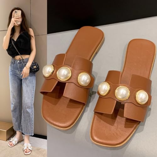 Women's White Flat Sandals with Pearl Open Toe Non-Slip Slippers Fashion Slides for Summer2