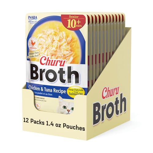 INABA Churu Broth for Cats Senior 10+, Side Dish Pouch, 1.4 Ounces per Pouch, 12 Pouches Total, Chicken & Tuna Recipe