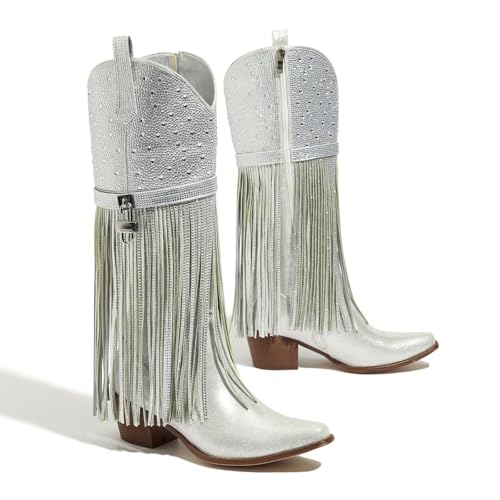 Fringe Cowboy Boots for Women, Sparkly Rhinestone Upper Side Zipper cowgirl boots Chunky Heels Pointed Toe knee High Western Boots2