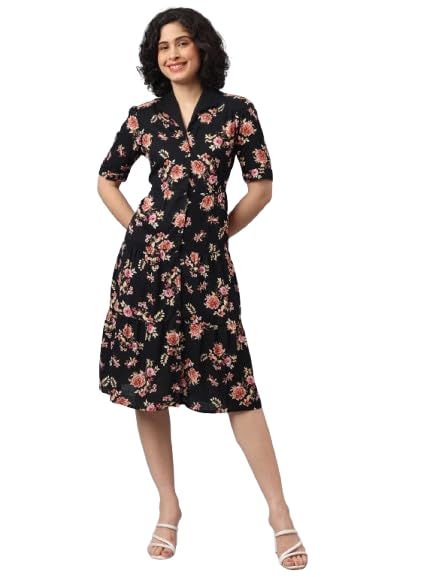 Image of Latin Quarters Women Black V-Neck Half Sleeves Printed Knee Length Shirt Dress for Casual Wear