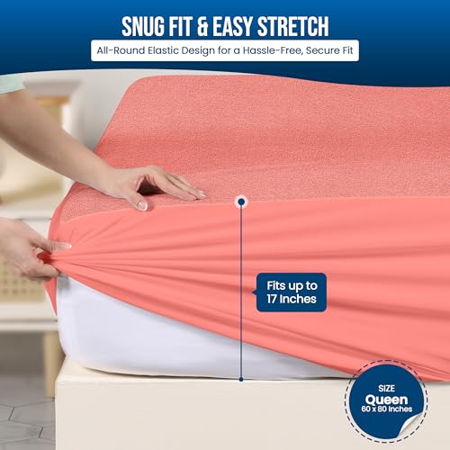 Utopia Bedding Waterproof Mattress Protector Queen Size, Premium Terry Mattress Cover 200 GSM, Breathable, Fitted Style with Stretchable Pockets (Coral)