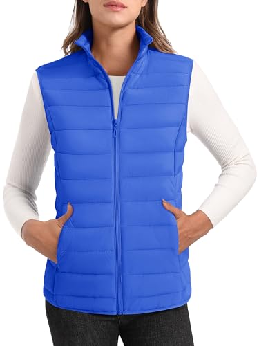 MAGCOMSEN Ladies Puffer Vest Lightweight Sleeveless Zip Jacket Stand Collar Winter Padded Outerwear Vests with Pockets Azure Blue L