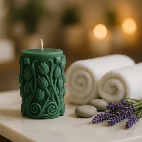 Image of Premium Vanilla Tulip Carved Candle - Handcrafted Decorative Scented Candle for Home Decor, Gifting & Romantic Ambience, Upto 25 Hours Burn time (Green, Vanilla)