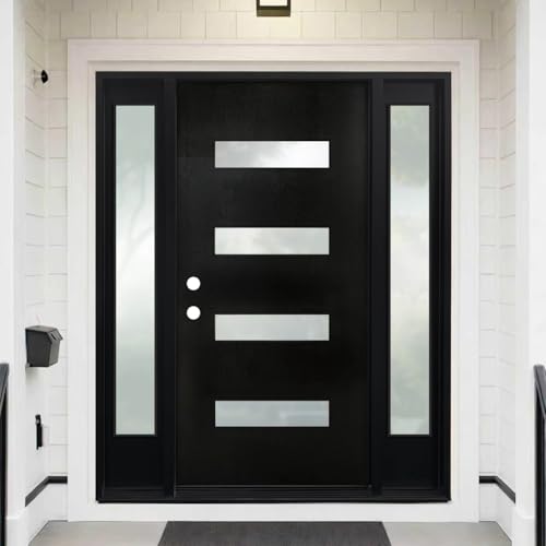 Front Entry Door with Sidelite, Fiberglass Entry Door with Sidelite, 68 x 80 Contemporary Onyx Stain Mahogany-Grain Front Door, 4-Lite Frosted Glass Design, Right-Hand Inswing-Dual 14 in. Sidelites