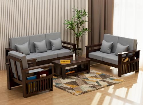 Image of Sheesham Wooden 6 Seater Sofa for Living Room | Rosewood 6 Seater Cushion Sofa Side Half Moon Rack | Solid Wood Sofa Set for Lounge (-3+2+1,Walnut Finish)