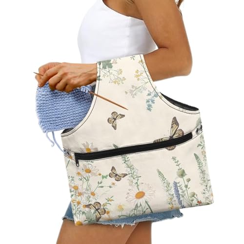 Image of ZUXONGSY Daisy Knitting Crochet Tote Bag Butterfly Knitting Yarn Storage Bag Organizer Lightweight Vintage Yarn Handbag with Holes for Crochet