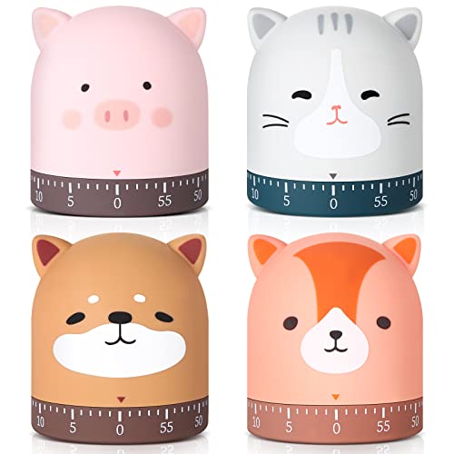 Queekay 4 Pcs Kitchen Cooking Timer Animal Mechanical Timer 60 Minute Wind up Dial 360° Rotating Countdown Egg Reminder No Batteries Loud Ring Cartoon Alarm for Kids Time Management, Fox Pig Cat Dog