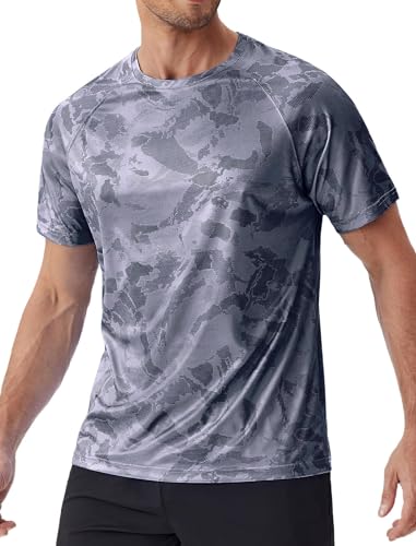 PINSPARK Sonnenschutz Shirt Herren UPF 50+ Sport Tshirts Frühling Funktions Laufshirt UV-Shirts Rashguard Leicht Atmungsaktiv Surfen Angeln Wandern Top hellgrau/Druck XL