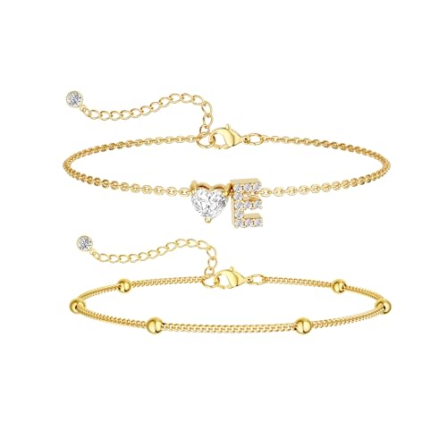 Image of Gold Initial Ankle Bracelets for Women, 14K Gold Plated Dainty Love Heart CZ Trendy Layered Letter A-Z Waterproof Anklets Fashion Jewelry Gift for Women