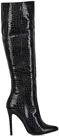 ESSEX GLAM Womens Knee High Boots Ladies Black Croc PU High Heel Stiletto Pointed Toe Zipper Evening Booties Shoes 5 B(M) US | Image 3