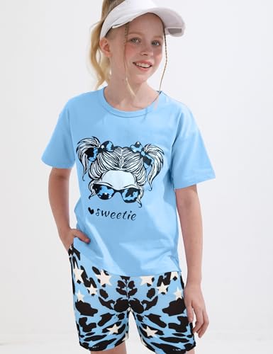 Image of mksodopy Girls Summer Clothse Graphic Print Front and Back High and Low Irregular T-shirt Cycling Shorts Set