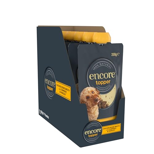 Encore 100% Natural Chicken Bone Broth Dry Food Topper for Dogs Grain Free with Collagen to Support Healthy Joints & Skin 6 x 200g Spout Pouch