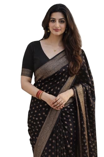 Image of Shasmi Women's Navy blue Banarasi Pure Kanjivaram Silk Saree Soft new ladies Design Wear Pattu Sarees 2026 Cotton Party Sari collections With Blouse Piece for Wedding sadi (KS-224)