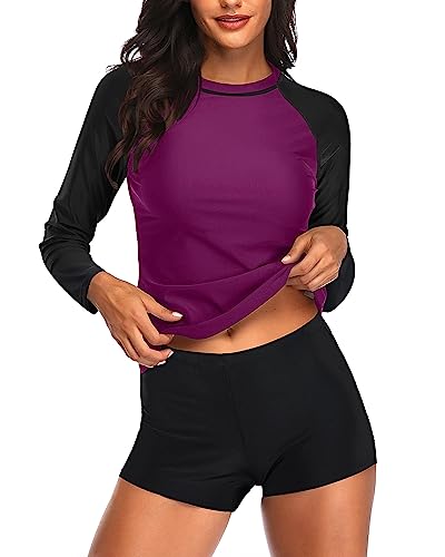 Image of Daci Women Two Piece Rash Guard Long Sleeve Swimsuits UV UPF 50+ Swim Shirt Bathing Suit with Boyshort Bottom
