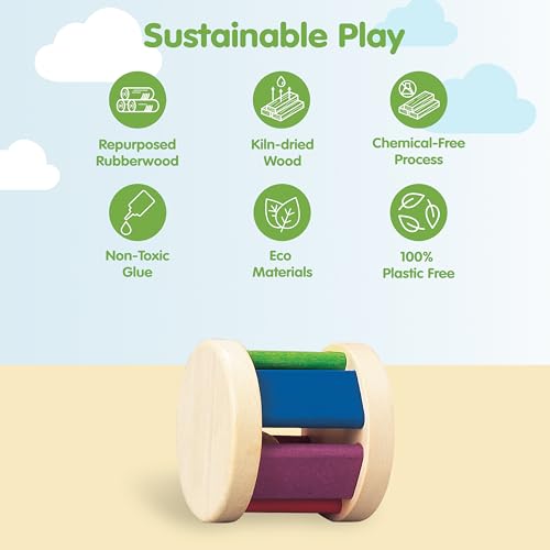 PlanToys® Wooden Roller Rattle Toy for Babies | Montessori Baby Sensory Toy with Gentle Sound | Eco-Friendly Crawling & Motor Skill Toys for Infants
