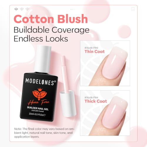 Image of modelones Builder Nail Gel Barely Pink HEMA-Free Builder Color Gel Polish | 8-in-1 Sheer Pink Strengthener Rubber Base Gel Polish for Nail Extension, Natural Apex, Self-Leveling, U /V Cured Home Salon