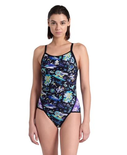 ARENA Fun Planet Capsule Collection Women's Super Fly Back Sports Swimsuit Athletic One Piece Durable Training Ladies Bathing Suit, Black Multi/Black, US Size 28