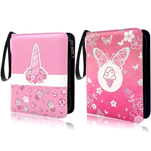 Image of 2 Pink Card Binder, 900 Pocket Trading Card Binder with Zipper, Removable Sleeves Card Album for TCG Cards, Cute Card Binder for Girls