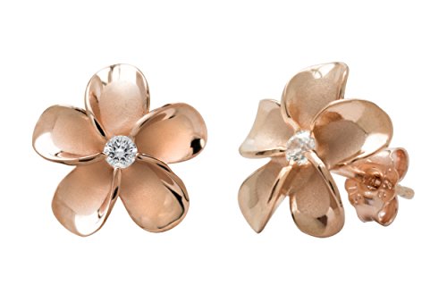 Honolulu Jewelry Company 14K Rose Gold Plated Sterling Silver CZ Plumeria Flower Nature Stud Earrings, 12mm