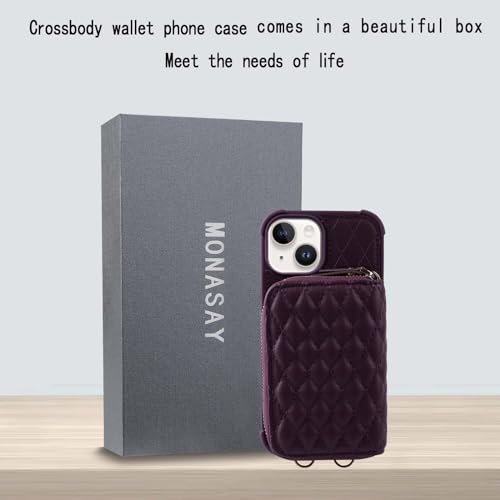 Image of MONASAY Zipper Wallet Case Compatible for iPhone 15 Plus /14 Plus,[Screen Protector][RFID Blocking] Flip Leather Handbag Phone Cover with Card Holder and Crossbody Lanyard Strap, Purple