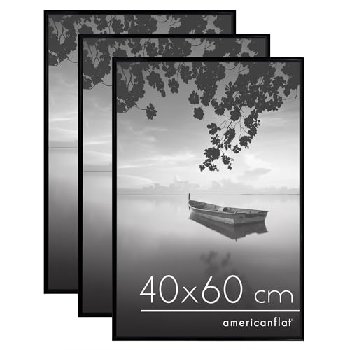 Americanflat Cadre Photo 40x60 cm Noir - Cadre 60x40 cm avec Encadrement Fin et Plexi Poli - Matériel de Suspension Intégré pour Mur - Suspension Horizontale ou Verticale - Lot de 3