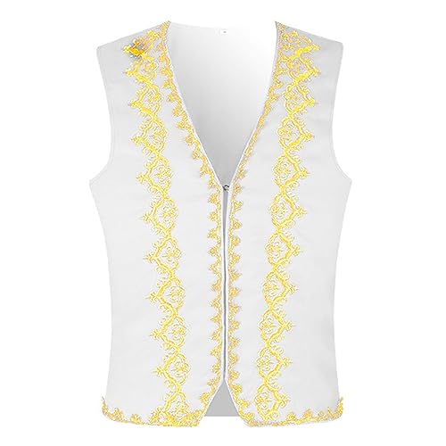 Modeewel Disfraz de director de circo, chaleco para hombre, Halloween, cosplay, trajes medievales, steampunk, gótico, chaleco de traje dorado, bordado árabe, príncipe árabe, oriental, sultán, Blanco