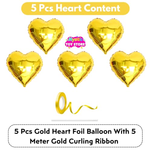 Image of Pack of 5 Heart Balloons for Happy Birthday Decoration Gold Kit Baby Boys Girls Kids Men Women Car Boot Living Room Heart Shaped Foil Balloon Set Items Golden