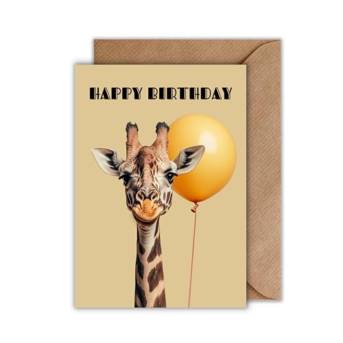 Geburtstagskarte mit Giraffe & Ballon – DIN A6 – witzige Tierkarte „Happy Birthday“ – lustige Klappkarte für Kinder & Erwachsene – mit Umschlag