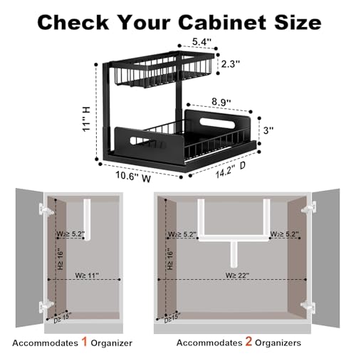Image of REALINN Under Sink Organizer, L-Shaped 2 Tier Pull Out Cabinet Organizer for Kitchen and Bathroom, Slide Out Under Cabinet Storage, Metal Under Sink Storage with Sliding Drawer, 50 lbs, Black 2 Pack