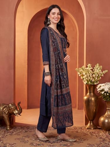 Image of INDO ERA Women's Straight Pure Cotton Floral Self Design Kurta & Pant With Dupatta Set | Kurta Sets For Woman