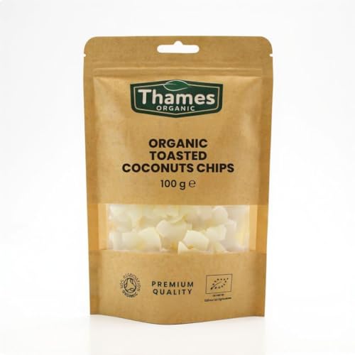 Organic Toasted Coconut Chips - Unsweetened Vegan GMO-Free Certified Organic - No Additives or Preservatives - Crunchy and Delicious Topping or Snack - Tropical Superfood - Thames Organic 100g