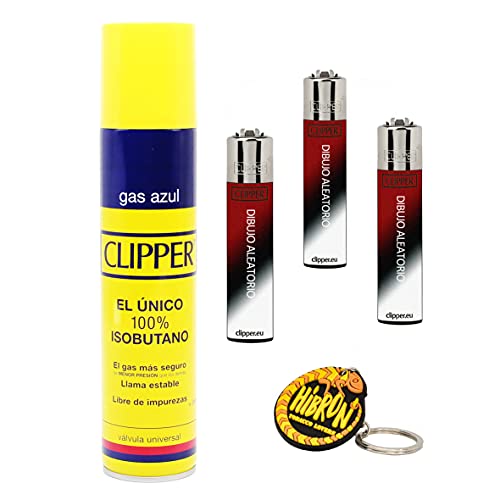 Clipper 3 Mecheros + 1 Botella Gas Azul 300 ml + 1 Llavero, Gas Sirve para Recargar Soplete de Cocina