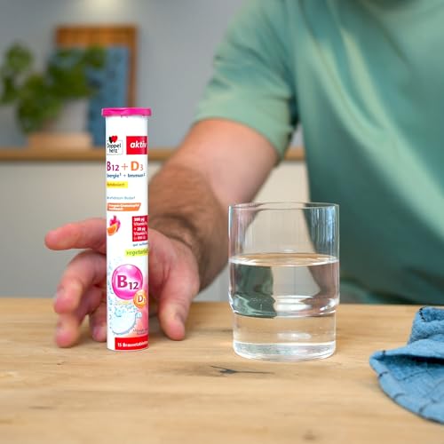 Doppelherz Vitamin B12 + D3 - Hochdosiert mit 300 μg Vitamin B12 und 800 I.E. Vitamin D3 für eine normalen Funktion des Immunsystems - 15 Brausetabletten