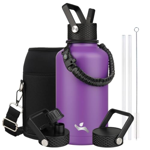 Image of Konokyo Half Gallon Insulated Water Bottle with Straw,64 oz 3 Lids Water Jug with Carrying Bag,Paracord Handle,Double Wall Vacuum Stainless Steel Metal Flask,Purple