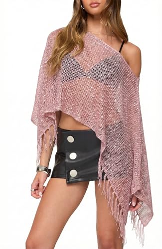 LOWAKAR Women Sheer Poncho Top Glitter Mesh Lightweight Knit Crochet Shrug Y2K Batwing Sleeve Sweater Cover Up Beachwear(Pink M)