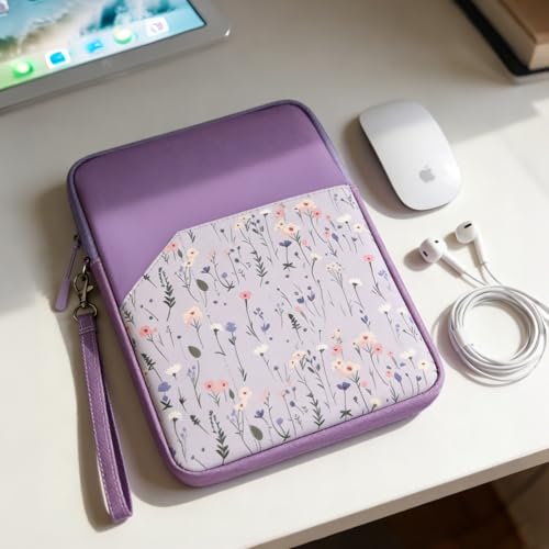 Image of MOCA Universal 7-8 Inch Tablet Sleeve Case, Polyester Protective Cover with Zipper and Wrist Strap, Compatible with Kindle, iPad mini, Samsung, Lenovo Tablets (Floral Purple, 7-8 inch)