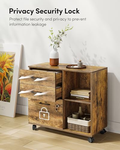 Image of FEZIBO 3-Drawer Mobile File Cabinet, Lateral Filing Cabinet with Lock, Printer Stand with Open Storage Shelves for Home Office, Filing Cabinets for Home Office, Rustic Brown