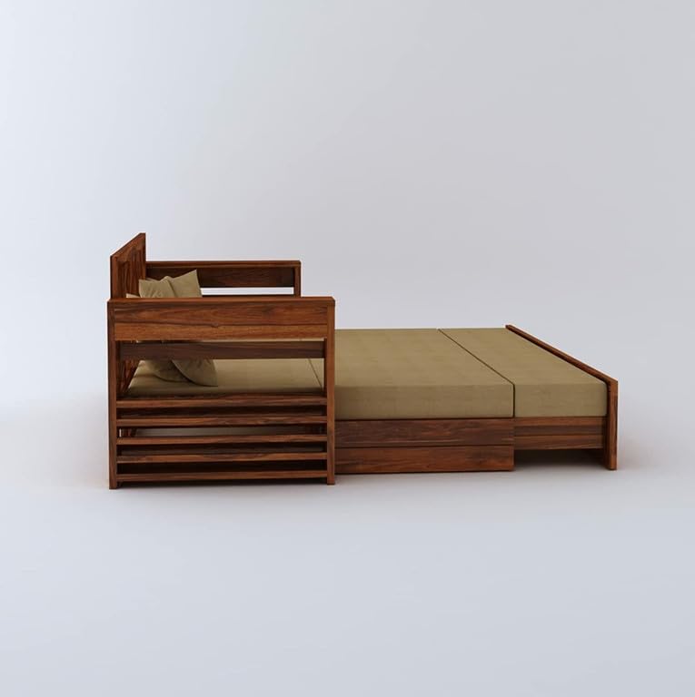 Image of Solid Sheesham Wood Sofa Cum Bed 2 Seater | Wooden Foldable Double Bed for Living Room with Headboard & Storage | Bed Cum Sofa with Mattress for Home | Dalla Design (Honey Finish)