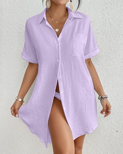 Image of Bsubseach Women Swimsuit Coverup Shirt Dress Button Down Bathing Suit Cover Up Beach Vacation Outfits
