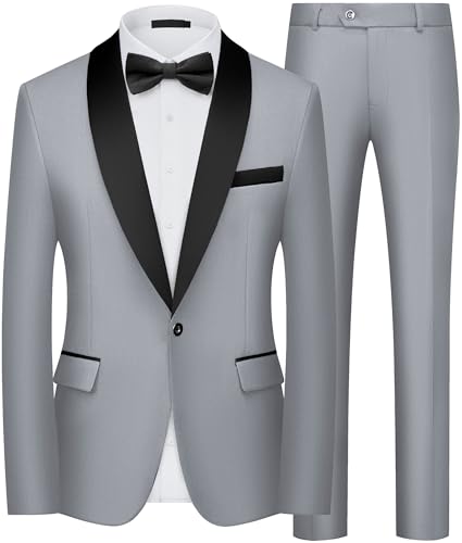 Costume Homme 2 Pièces Slim Fit Smoking Revers Châle 1 Bouton Veste et Pantalon pour Mariage Cérémonie Dîner Business Bal de Promo Gris Clair S