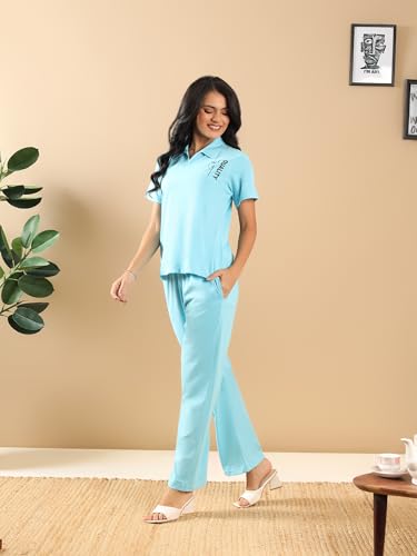 Image of Kvetoo Women Solid Tracksuit Set Cotton Lounge Wear Set Half Sleeve Polo T-Shirt & Straight Pant Casual Travel Outfit