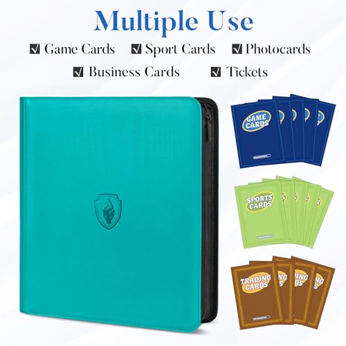 Image of Premium Zip Card Binder 12 Pocket, Fabmaker 912 Pockets Trading Card Binder, PU Zipper Card Collection Album, Sturdy Side-Loading Card Book Holder for Game & Sports Cards, Teal