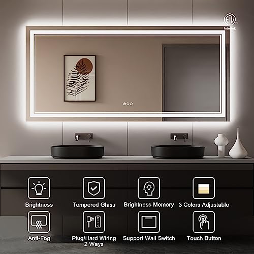 84x40 Inch LED Bathroom Mirror with Lights, Backlit and Front Lighted Bathroom Mirrors for Wall, Anti-Fog Dimmable Memory Shatterproof LED Vanity Mirror for Bathroom