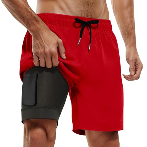 Generisch Bañador para hombre con forro de compresión, entrepierna interior, bañador con bolsillos, rojo, 5XL