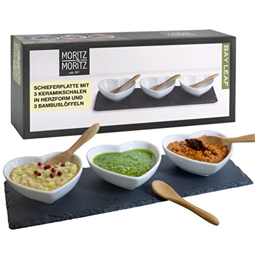 Moritz & Moritz 3x Weiße Herz Dipschalen Set mit Schieferplatte - Dip...