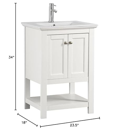 Fresca Manchester 24 Inch White Bathroom Open Vanity with Storage Shelf - Countertop & Ceramic Sink with Cabinets - Faucet Not Included